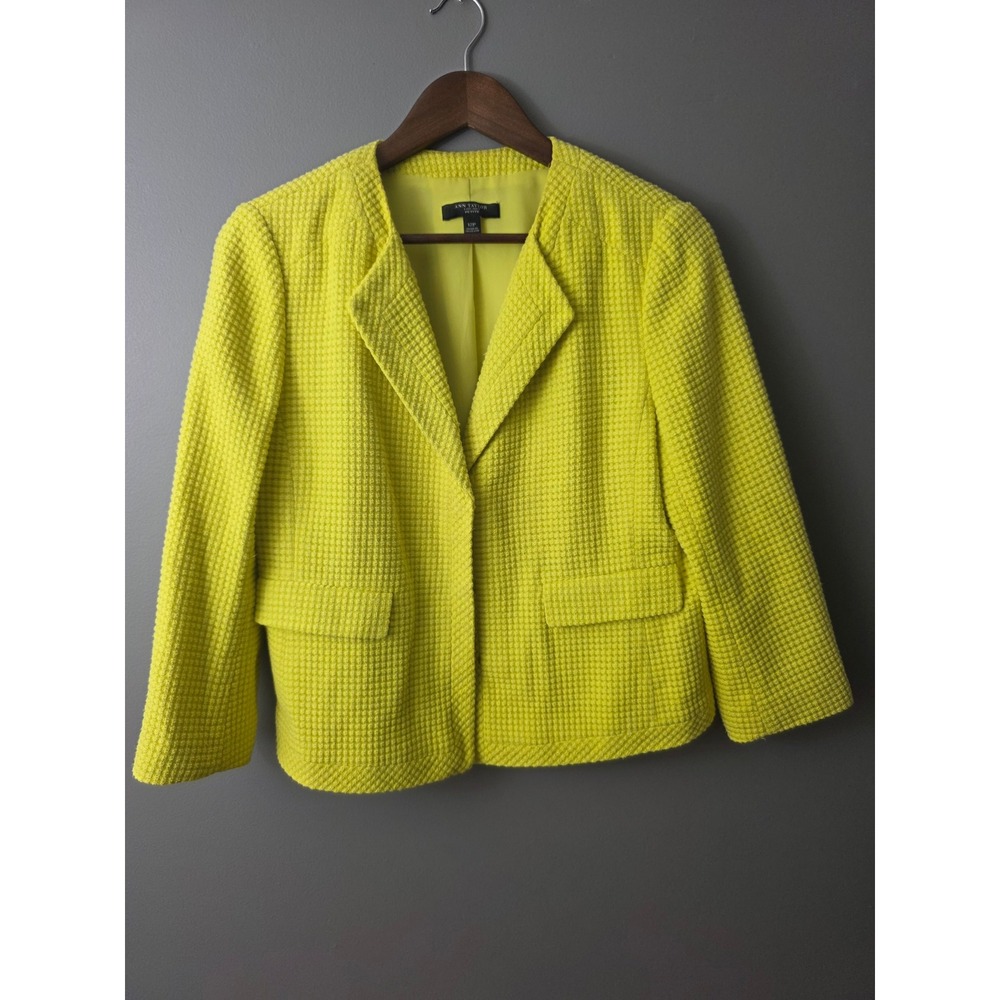 Ann Taylor Petite Chartreuse Yellow Textured Waffle Knit Blazer Jacket 12P